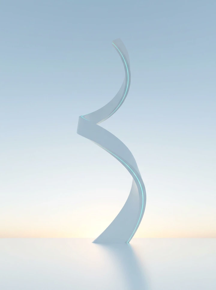 A white sculptural ribbon rising over calm water